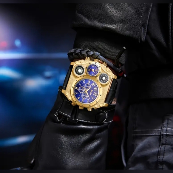 Mens large face dual time zone watch, leather, new in box - Picture 2 of 5